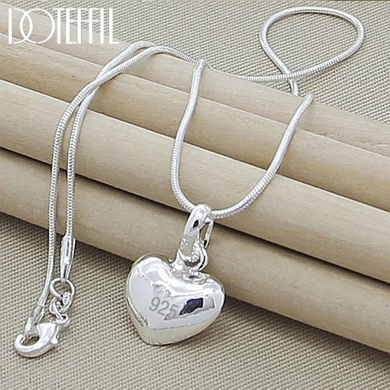 Silver Color Solid Small Heart Pendant Necklace 16-30 Inch Snake Chain for Women Wedding Charm Fashion Jewelry