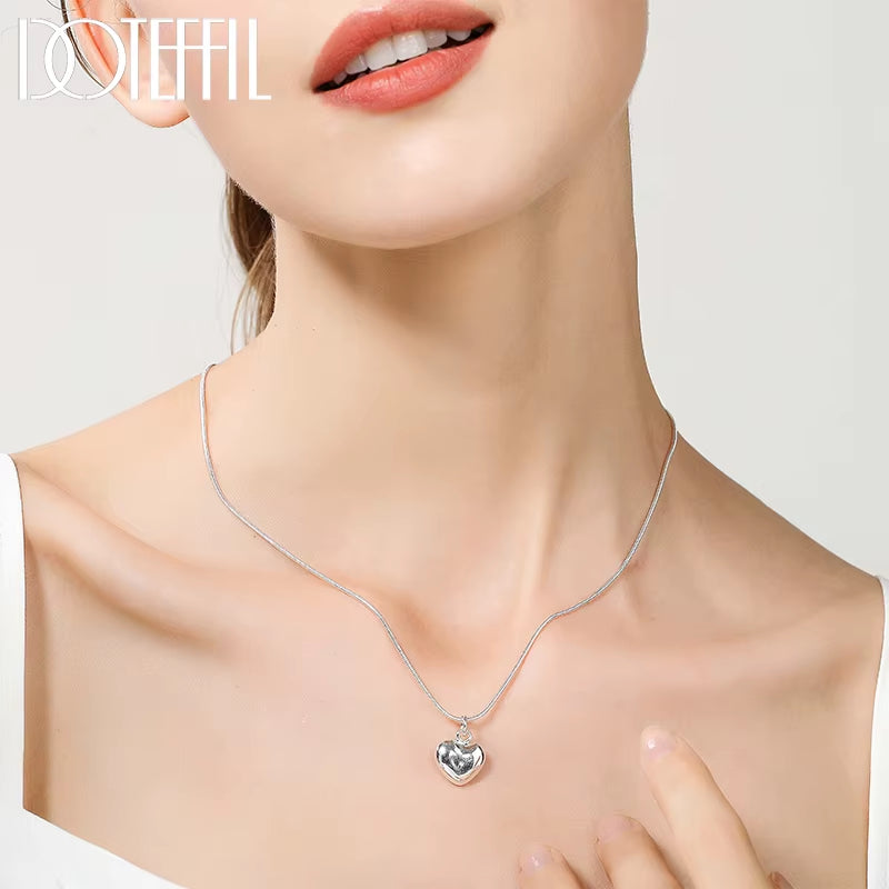 Silver Color Solid Small Heart Pendant Necklace 16-30 Inch Snake Chain for Women Wedding Charm Fashion Jewelry